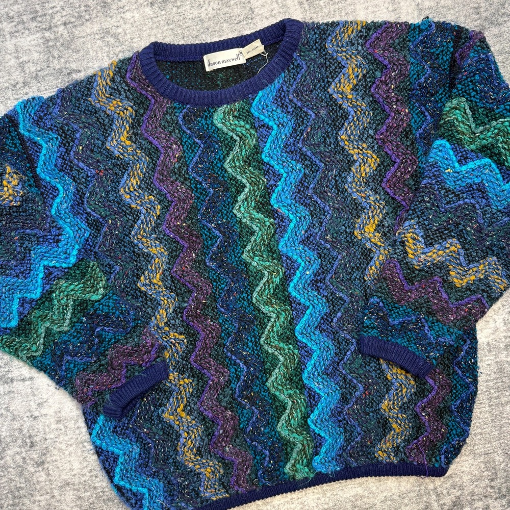 VTG Jason Maxwell Sweater Women Medium Zig Zag Textured Neck Funky Retro Shimmer